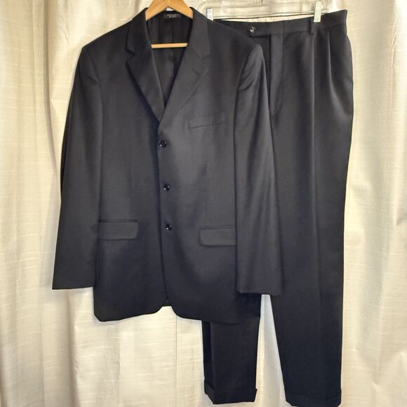 Jones New York Suit Men 44L Black Solid Single Breasted 100%  Wool 36X31 cuffed - Picture 1 of 15
